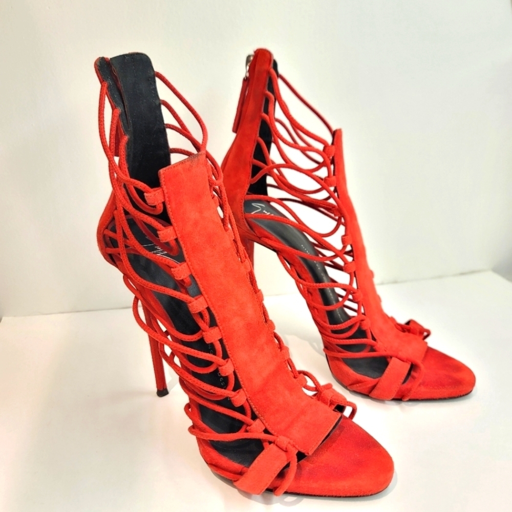 Giuseppe Zanotti Red Strappy Suede Stiletto Heels - Picture 4 of 14